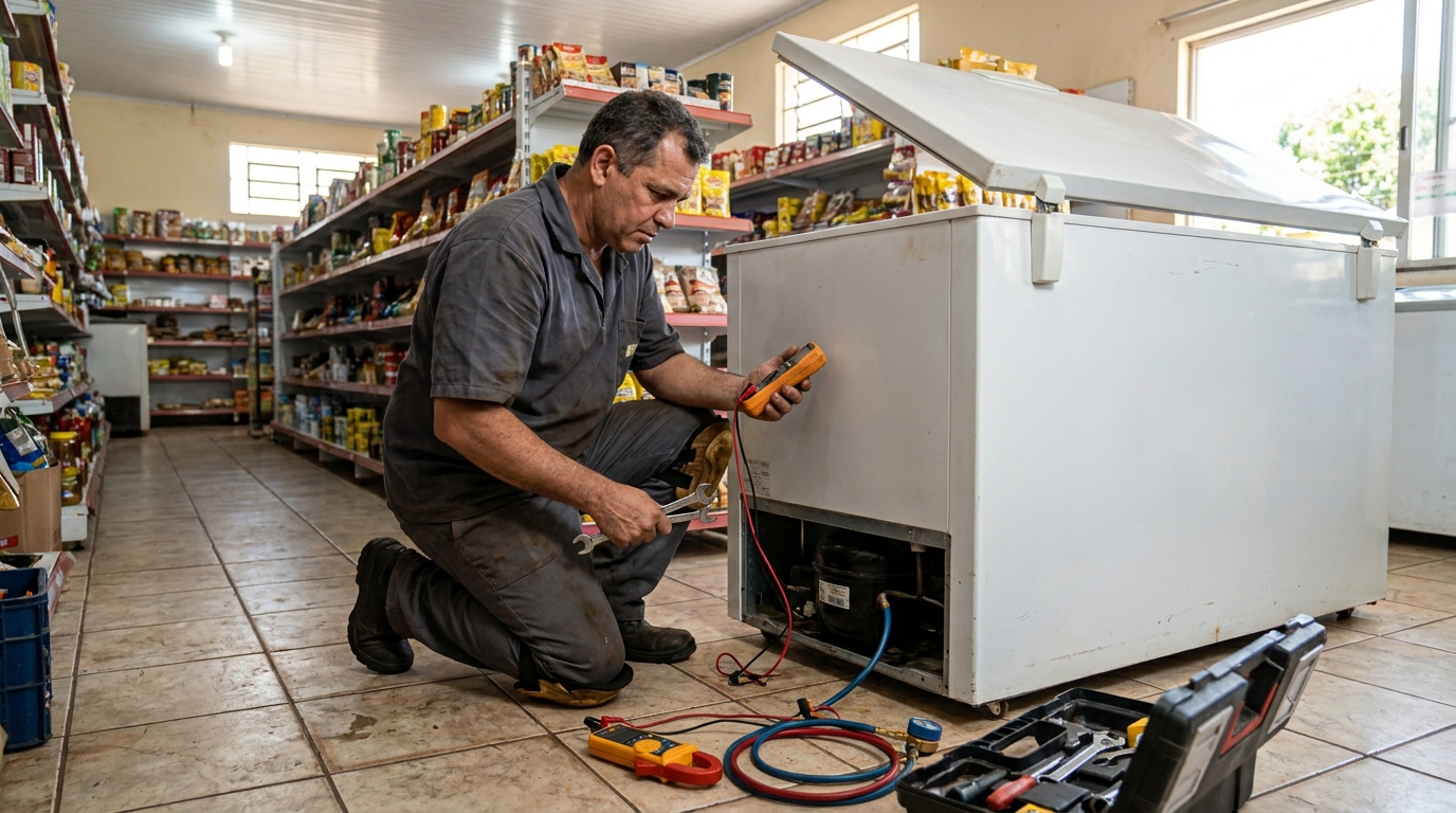 Substituição de termostato de freezer em visita técnica em Londrina‑PR